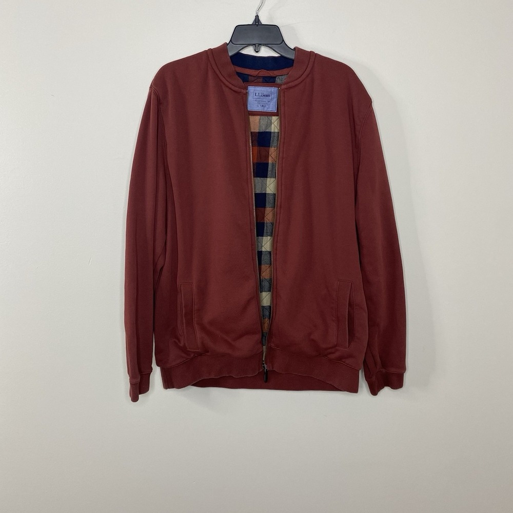 L.L.Bean Men's L Tall Flannel Lined Sweatshirt Bomber Jacket Red Plaid Full Zip